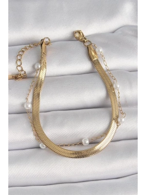 316L Çelik Gold Renk 2Li İtalyan Zincir Model İnci Detay Kadın Bileklik