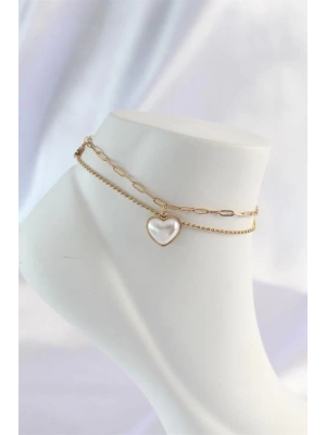 316L Çelik Gold Renk Beyaz Kalpli 2li Halhal