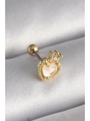 316L Çelik Gold Renk Beyaz Mineli Kalp Zirkon Taş Detaylı Taç Tragus Piercing