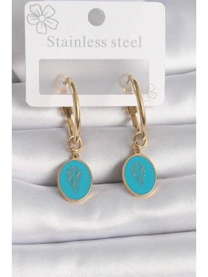 316L Çelik Gold Renk Halka Model Mavi İşlemeli Detay Kadın Küpe