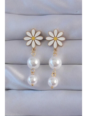 316L Çelik Gold Renk İnci Taşlı Papatya Model Sallantılı Küpe