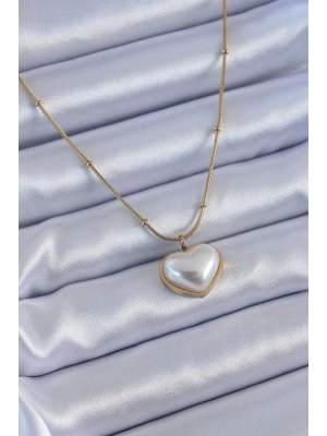 316L Çelik Gold Renk İncili Kalp Model Minimal Top Detay Kadın Kolye