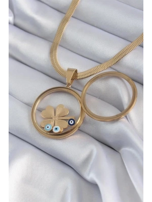 316L Çelik Gold Renk İtalyan Zincir Açılabilir Fanus Yonca Figür Model Kadın Kolye