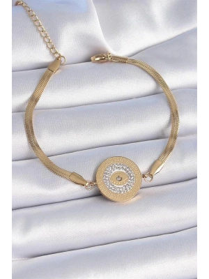 316L Çelik Gold Renk İtalyan Zincir Zirkon Taşlı Göz İşlemeli Madalyon Model Kadın Bileklik