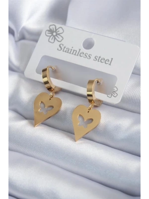 316L Çelik Gold Renk Kalp Model Kelebek İşleme Kadın Küpe