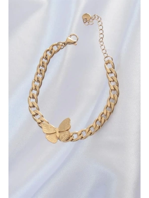 316L Çelik Gold Renk Kelebek Figür İşleme Detay Zincir Model Kadın Bileklik