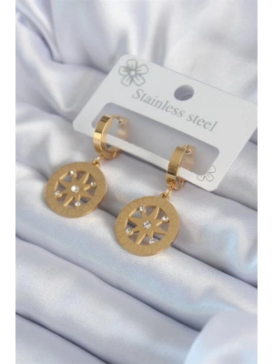 316L Çelik Gold Renk Kutup Yıldızı Model İşleme Detay Zirkon Taşlı Kadın Küpe