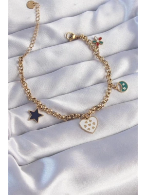 316L Çelik Gold Renk Mineli Çoklu Aksesuar Tasarımlı Zincir Bileklik