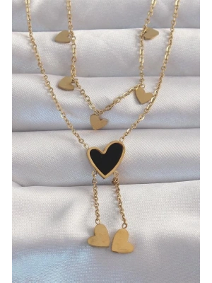 316L Çelik Gold Renk Mineli Çoklu Kalp Kolye