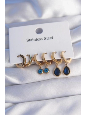 316L Çelik Gold Renk Oval Tasarım Mavi Zirkon Taşlı Damla Model Küpe Seti