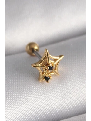 316L Çelik Gold Renk Siyah Zirkon Taş Detay Örümcek Ağ Model Tragus Piercing