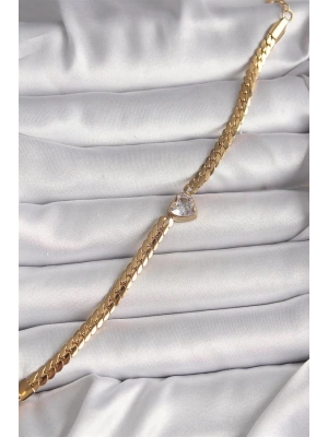 316L Çelik Gold Renk Yassı Zincir Model Zirkon Taşlı Kalp Figür Kadın Bileklik