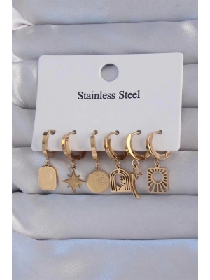 316L Çelik Gold Renk Yıldız Figürlü Tarot Model Halka Küpe Seti