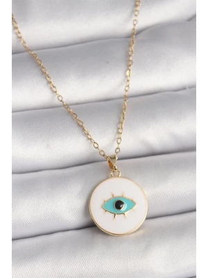 316L Çelik Gold Renk Zincir Beyaz Mineli Turkuaz Göz İşleme Model Kadın Kolye
