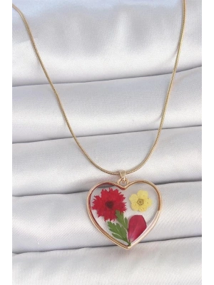316L Çelik Gold Renk Zincir Epokis Kalp Doğal Çiçek Model Kadın Kolye