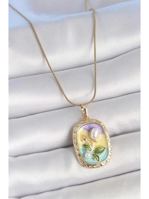 316L Çelik Gold Renk Zincir İncili Çiçek İşlemeli Portre Model Kadın Kolye