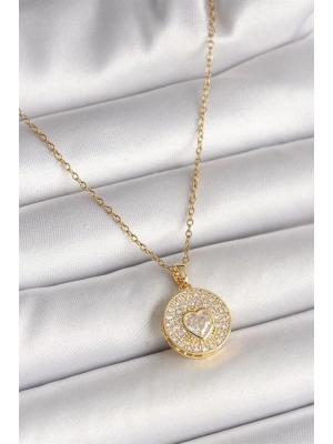 316L Çelik Gold Renk Zincir Madalyon Zirkon Taşlı Kalp Model Kadın Kolye