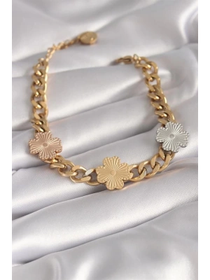 316L Çelik Gold Renk Zincir Model 3lü Renkli Çiçek Figür Kadın Bileklik