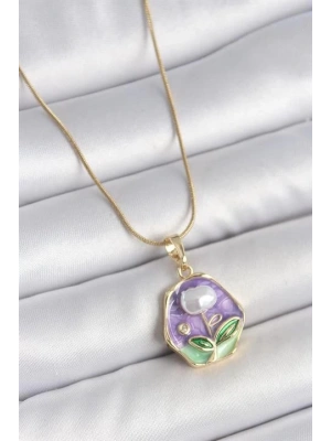 316L Çelik Gold Renk Zincir Mor Çiçek İşlemeli İnci Detay Portre Model Kadın Kolye