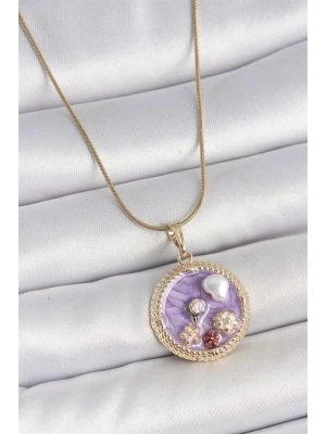 316L Çelik Gold Renk Zincir Mor Mineli İncili Çiçek İşlemeli Madalyon Model Kadın Kolye