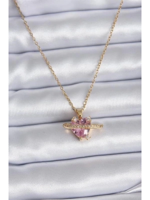 316L Çelik Gold Renk Zincir Pembe Kristal Kalp Model Zirkon Taş Detay Kadın Kolye