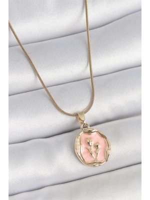 316L Çelik Gold Renk Zincir Pembe Mineli Çiçek İşlemeli Portre Model Kadın Kolye