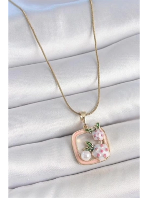 316L Çelik Gold Renk Zincir Pembe Mineli Kare Model Çiçek İşlemeli İnci Detay Kadın Kolye