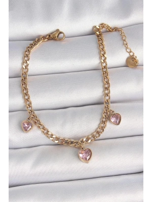 316L Çelik Gold Renk Zincir Sallantı Pembe Zirkon Taşlı Kalp Model Kadın Bileklik