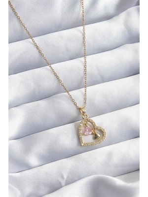 316L Çelik Gold Renk Zincir Zirkon Taşlı Kalp Model Kadın Kolye