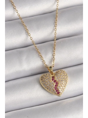 316L Çelik Gold Renk Zincir Zirkon Taşlı Kalp Model Kadın Kolye