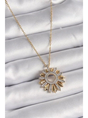 316L Çelik Gold Renk Zincir Zirkon Taşlı Mix Renk Güneş Model Kadın Kolye