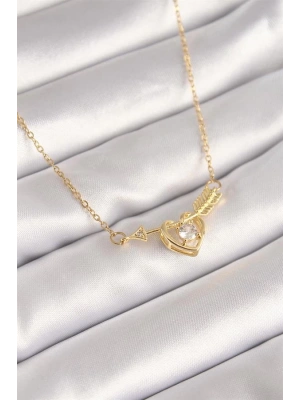 316L Çelik Gold Renk Zincir Zirkon Taşlı Ok Kalp Model Kadın Kolye