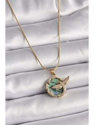 316L Çelik Gold Renk Zincir Zirkon Taşlı Yusufçuk Model Kadın Kolye