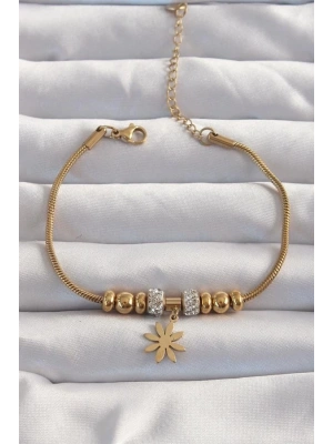 316L Çelik Gold Renk Zirkon Taş Aksesuarlı Çiçek Bileklik