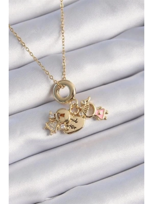 316L Çelik Gold Renk Zirkon Taş Detay Çocuk Figür Charm Model Kadın Kolye