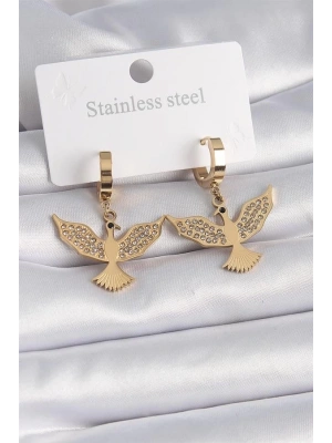 316L Çelik Gold Renk Zirkon Taşlı Anka Kuşu Model Kadın Küpe