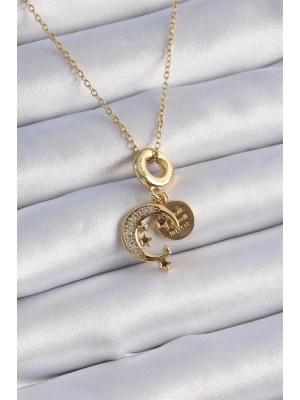 316L Çelik Gold Renk Zirkon Taşlı Ay Yıldız  Model Charm Model Kadın Kolye