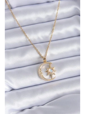 316L Çelik Gold Renk Zirkon Taşlı Ay Yıldız Model Kadın Kolye