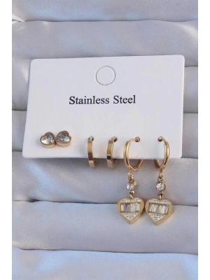 316L Çelik Gold Renk Zirkon Taşlı Kalp Model Halka Küpe Seti