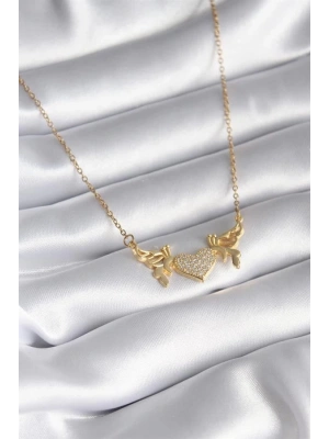 316L Çelik Gold Renk Zirkon Taşlı Kanatlı Kalp Model Kadın Kolye