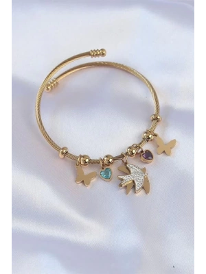 316L Çelik Gold Renk Zirkon Taşlı Minimal Kalp Detay Kelebek Charm Bileklik