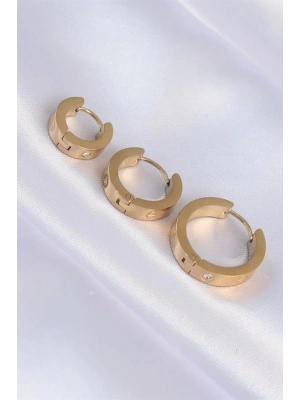 316L Çelik Gold Renk Zirkon Taşlı Model 3lü Halka Küpe