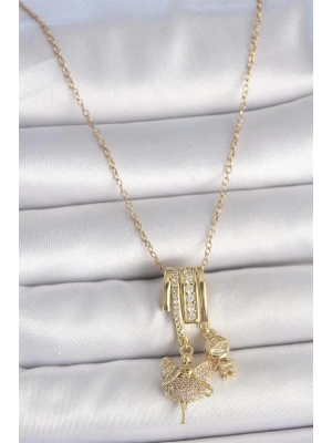 316L Çelik Gold Renk Zirkon Taşlı Sallantı Melek Figür Charm Kadın Kolye