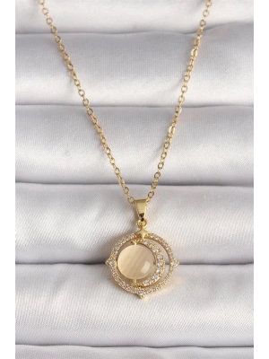 316L Çelik Gold Renk Zirkon Taşlı Sarı Sedefli Hilal Model Kadın Kolye