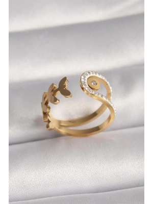 316L Çelik Gold Renk Zirkon Taşlı Yaprak Model Kadın Yüzük