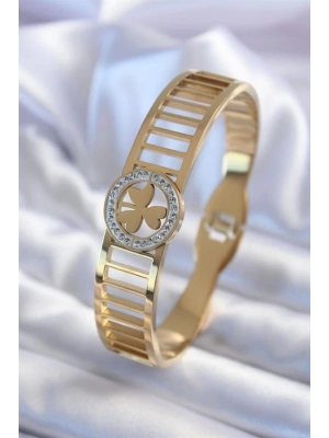 316L Çelik Gold Renk Zirkon Taşlı Yonca Model Kadın Kelepçe