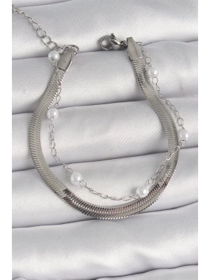 316L Çelik Gümüş Renk 2Li İtalyan Zincir İnci Detay Kadın Bileklik