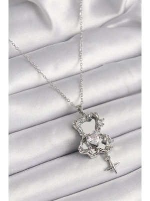 316L Çelik Gümüş Renk Ayna Ayıcık Model Zirkon Taşlı Kalp Detay Kadın Kolye