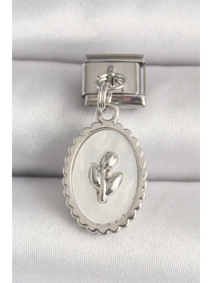 316L Çelik Gümüş Renk Beyaz Mineli Çiçek İşlemeli Nomination Charm