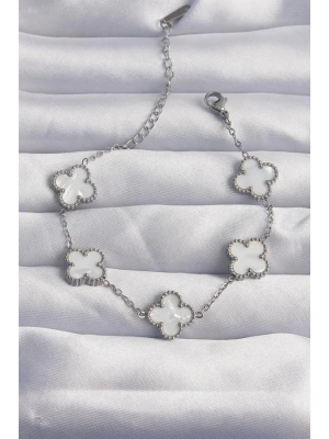 316L Çelik Gümüş Renk Beyaz Sedefli Yonca Bileklik